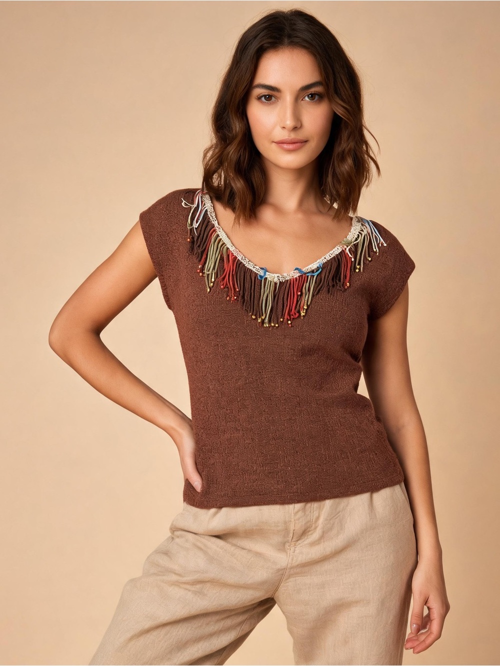OLO | Rust Knit Sleeveless Top with Colorful Fringe Detail Sz L